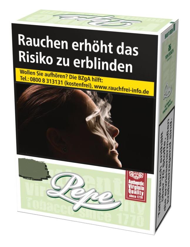 Pepe Zigaretten Bright Green XXL in der Stange mit 8 Packungen à 30 Stück, in weißer Verpackung mit grünem Rand und Authentic Virginia Quality Label.