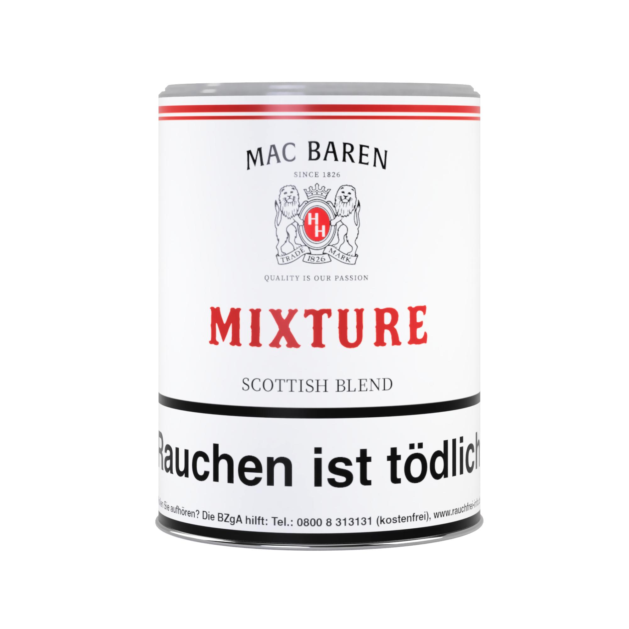 Zylinderförmige 250 Gramm Dose Mac Baren Mixture Scottish Blend Pfeifentabak mit weißem Etikett, Löwen-Wappen und gesetzlichem Warnhinweis.