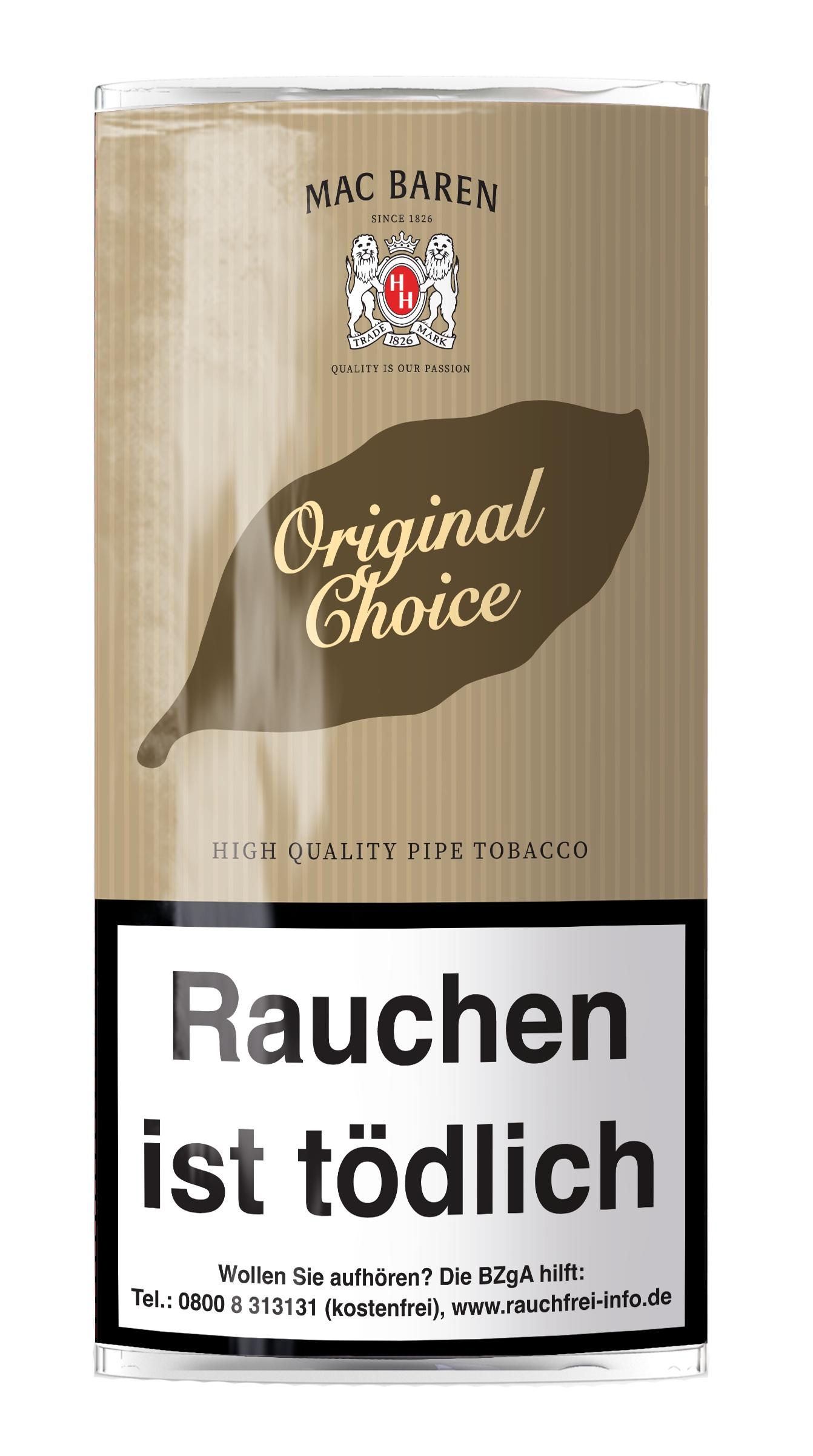 Mac Baren Original Choice Pfeifentabak, bestehend aus 5 Pouches á 40 Gramm, in der beigen Verpackung mit Markenlogo und gesetzlichem Warnhinweis.