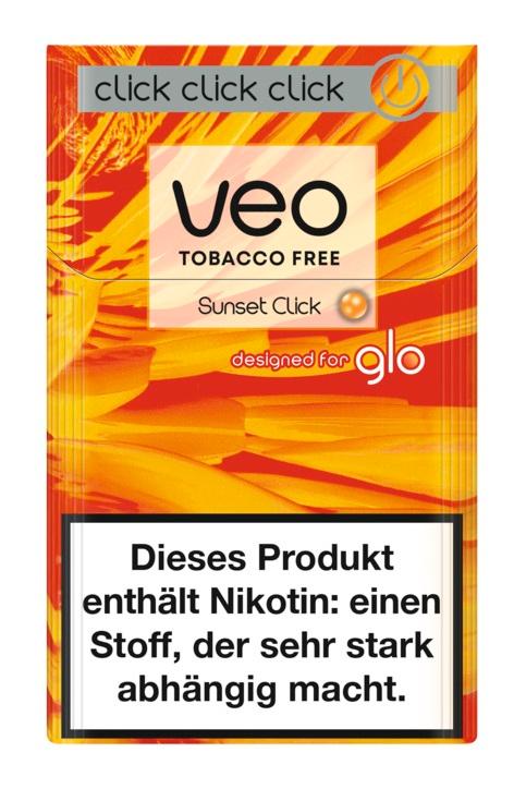 veo Sunset Click Packung für glo, tabakfrei und pflanzenbasiert, in orange/gelber Verpackung mit 20 Stück.
