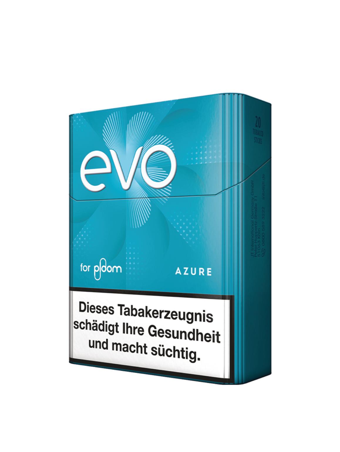 Türkisfarbene Packung EVO Tobacco Sticks mit 20 Stück Inhalt, inklusive gesetzlichem Warnhinweis zur gesundheitlichen Beeinträchtigung durch Tabak.
