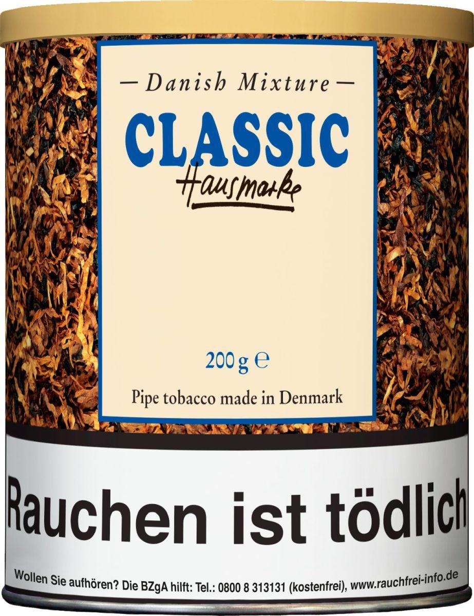 Danish Classic Pfeifentabak "Danish Mixture Classic Hansmarke" in einer weißen 200-Gramm-Dose mit goldenem Deckel und schwarzem Etikett, dänisch-aromatische Mischung mit sanfter Vanillenote.