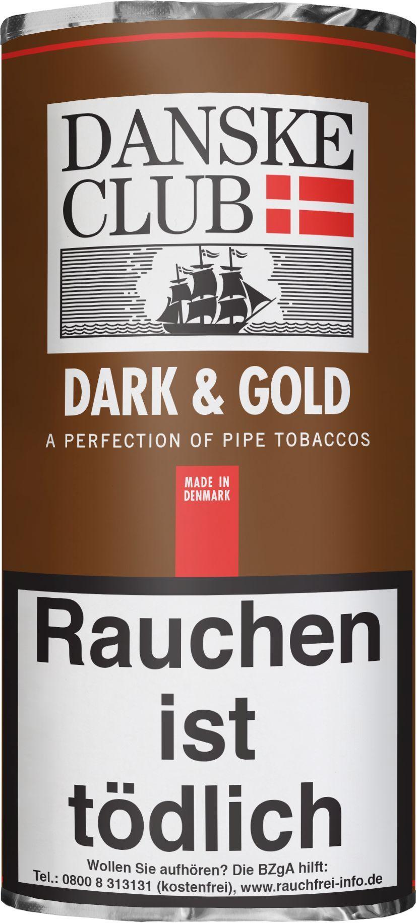 Danske Club Dark & Gold Pfeifentabak in einer braunen 50er Packungsdose mit rotem Etikett und Segelschiff-Motiv, eine Mischung aus Virginia- und Burleytabak mit Schokolade- und Ahornsirup-Aroma.