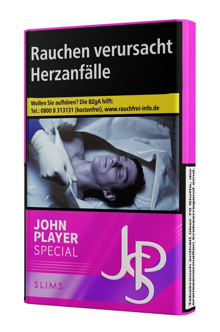 JPS Slims Zigaretten, Packung mit 20 Stück, mit weißem Filter und violettem Logo auf der Zigarette, inklusive gesetzlichem Warnhinweis.