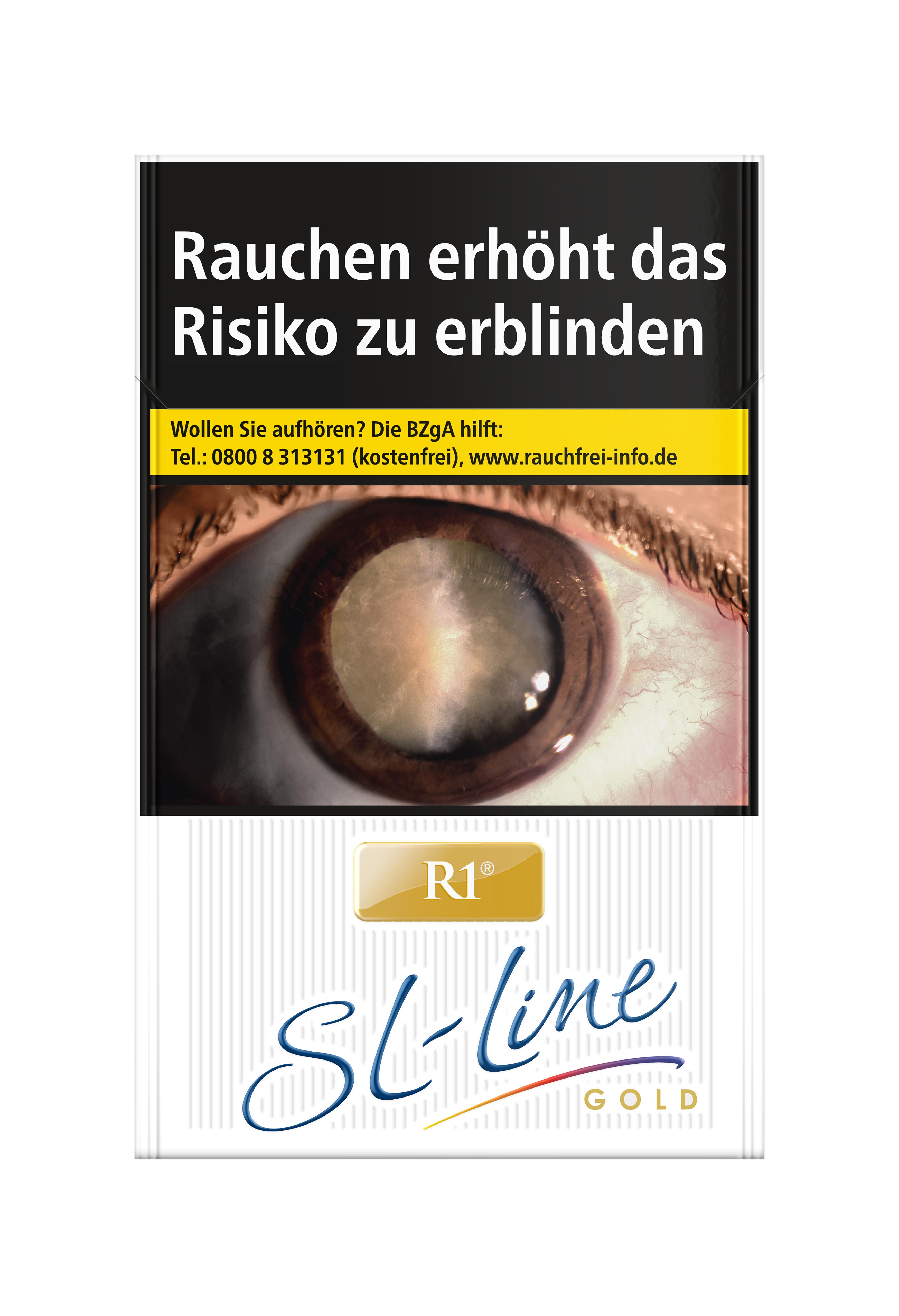 R1 Gold SL Zigaretten von R1 als Stange. Abgebildet ist die weiße Packung mit schwarz-gelbem Label, das den Warnhinweis 'Rauchen erhöht das Risiko zu erblinden', ein Augenmotiv und Informationen zur Raucherberatung trägt.