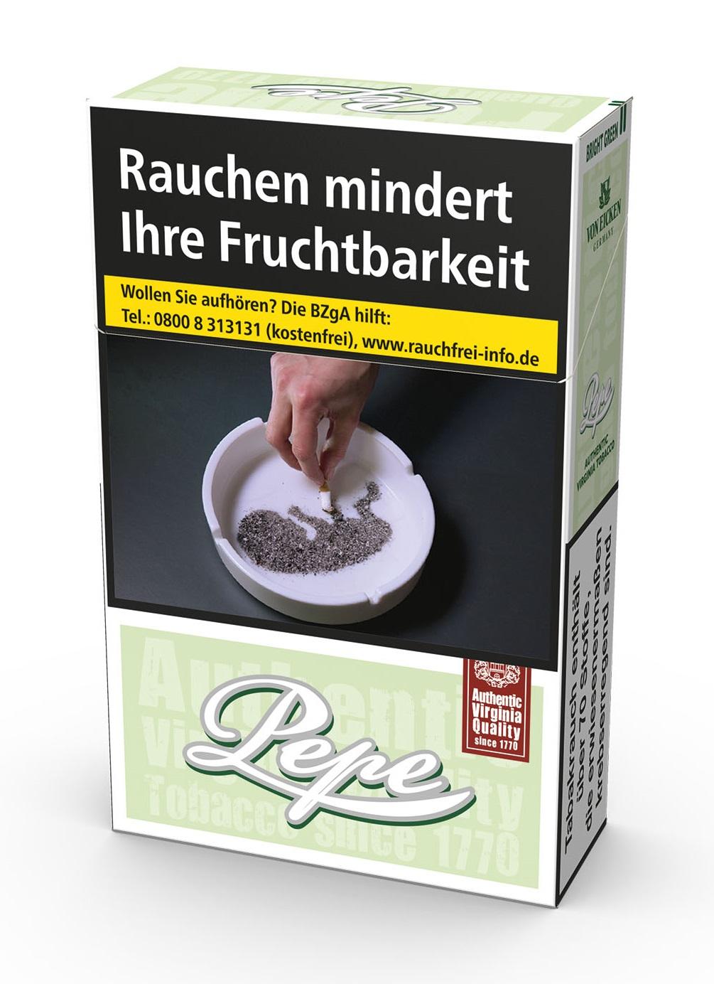 Eine Packung Pepe Zigaretten Bright Green, zusatzstofffreie Virginia Blend, enthält 20 Stück.
