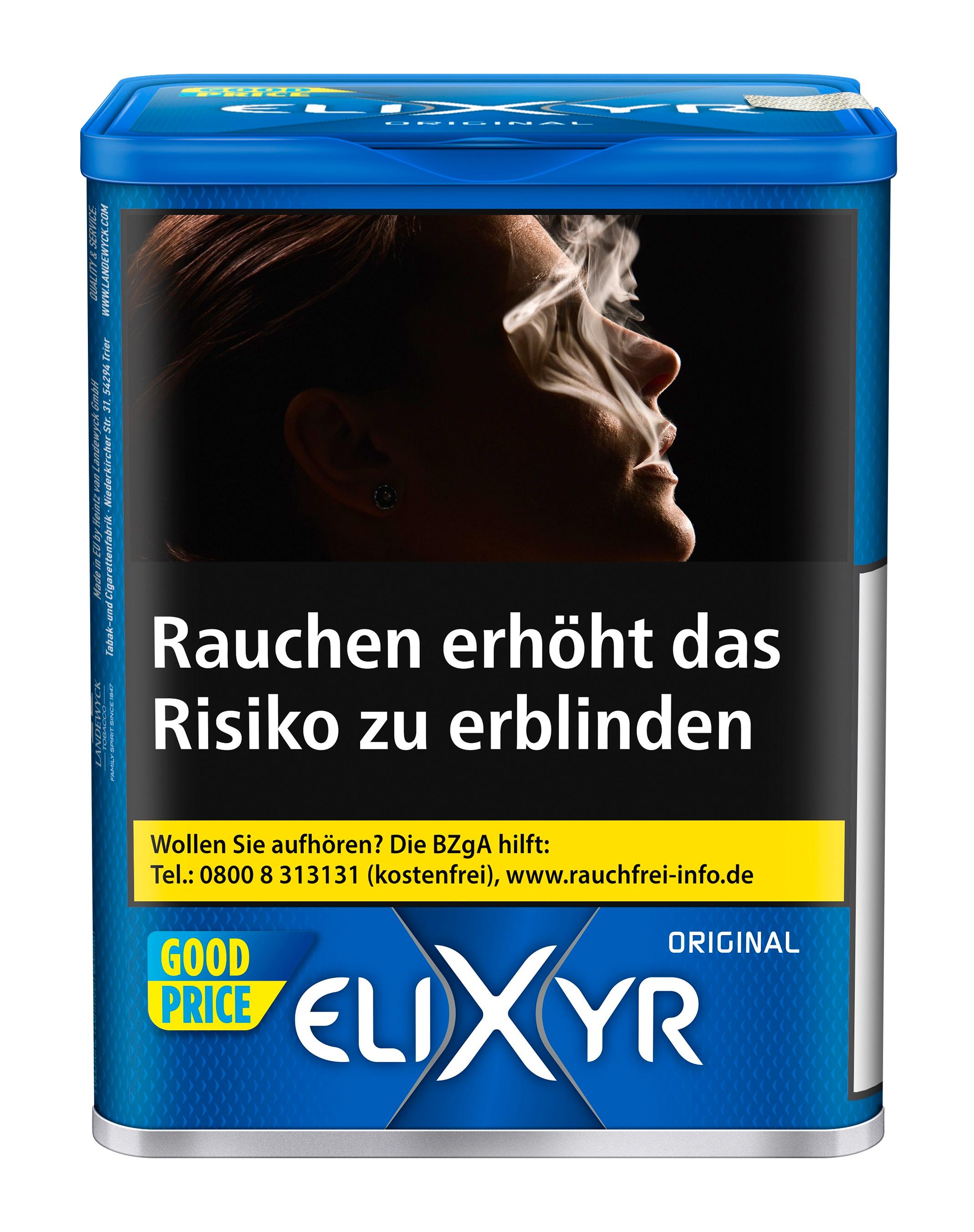 Blaue Dose Elixyr Classic Zigarettentabak Original mit weißem Etikett, auf dem ein schwarz-weißes Frauenbild mit Rauchwolke und der deutsche Warnhinweis "Rauchen erhöht das Risiko zu erblinden" abgebildet sind. Verpackungseinheit 108 Gramm.