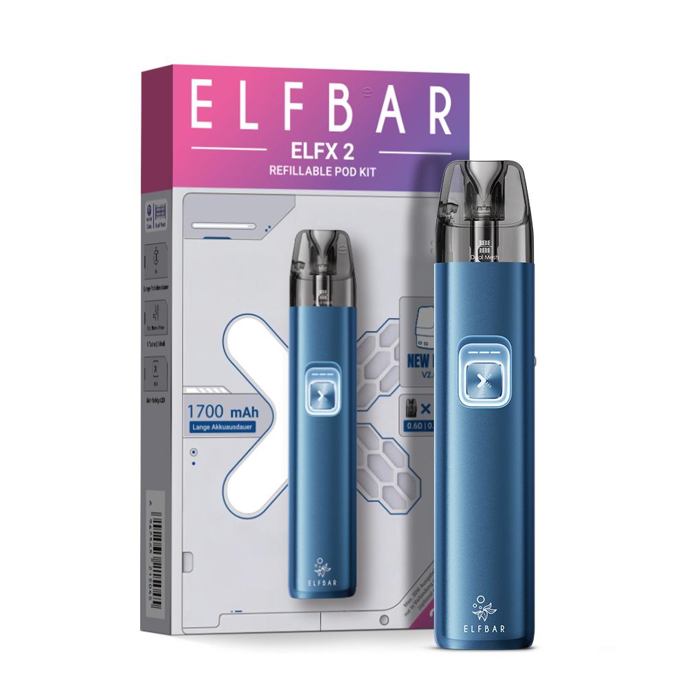 Blaues Elfbar ELFX 2 Pod-Kit mit weißem Powerbutton und dazugehöriger Produktverpackung, inklusive 1700 mAh Akku und Dual Mesh V2.0 Technik.