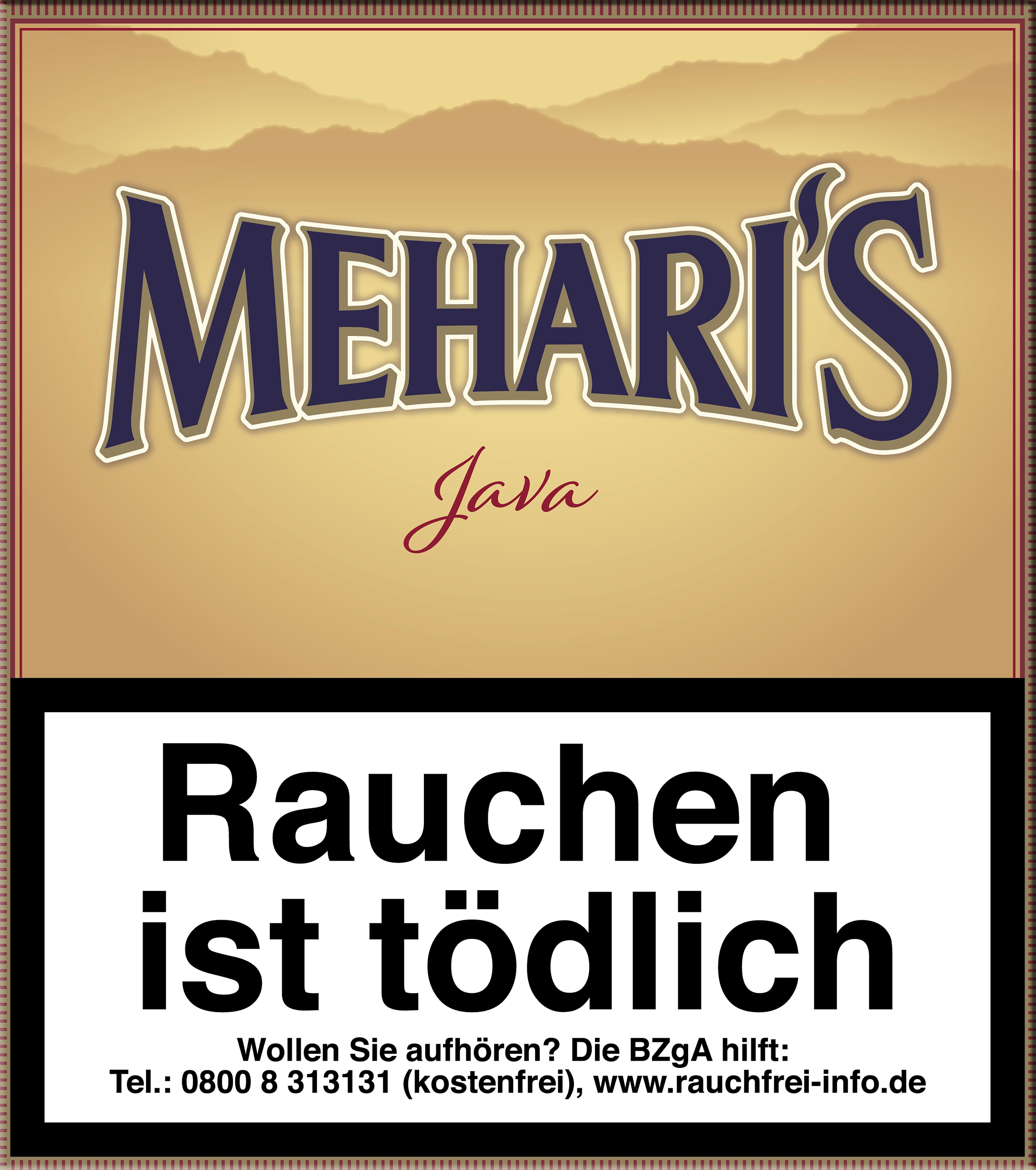 Agio Meharis Java (Original) Zigarillos als Stange mit 10 Packungen à 20 Stück. Die goldene Verpackung der Marke Meharis zeigt ein dezentes Bergmotiv, den Markennamen 'MEEHARI'S Java' und den Warnhinweis 'Rauchen ist tödlich'.