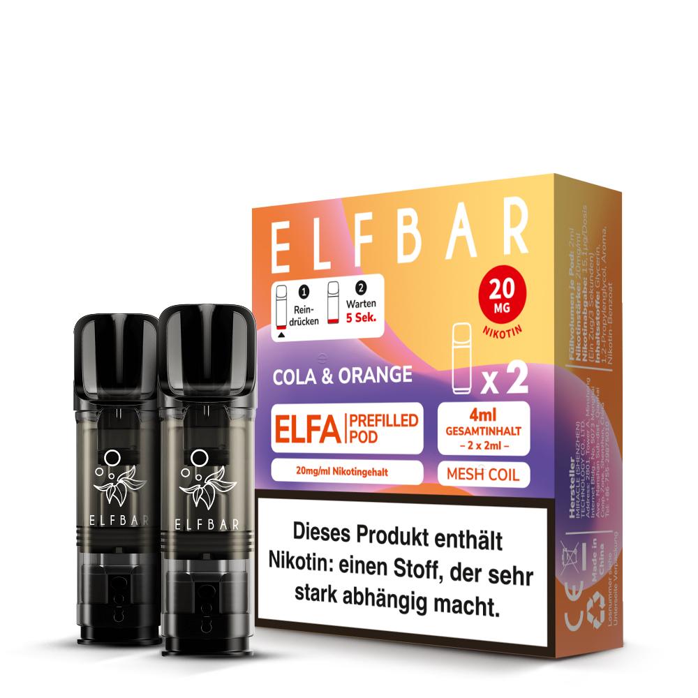 Zwei schwarze Elfbar ELFA Pods mit zugehöriger Verpackung, die 20 mg/ml Nikotin enthält, für das ELFA Pod-System mit magnetischer Fixierung.