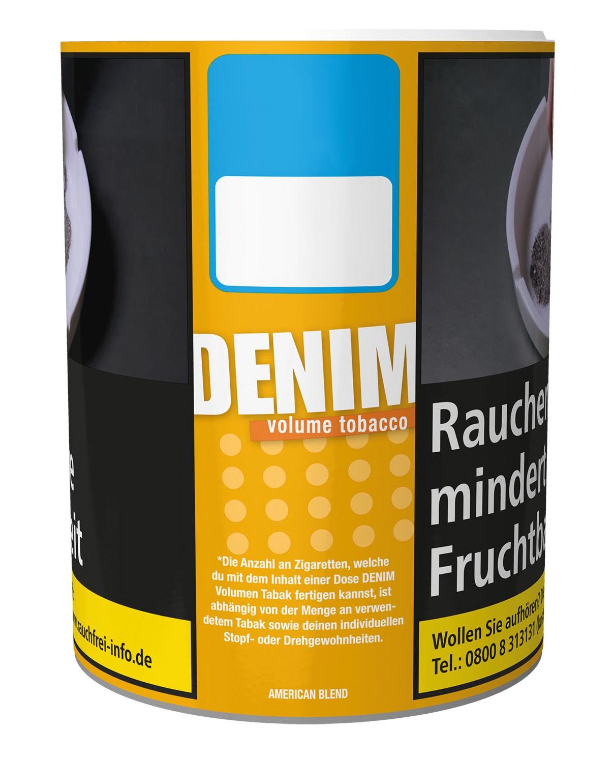 Eine gelbe Dose Denim Volumentabak XL 1 Dose American Blend.