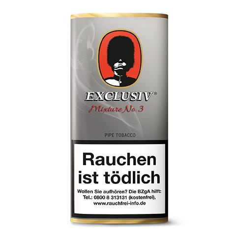 Exclusiv Pfeifentabak Mixture No. 3 (First Class) 50 Gramm Packung, zylindrisch, grau-goldfarben mit Emblem.