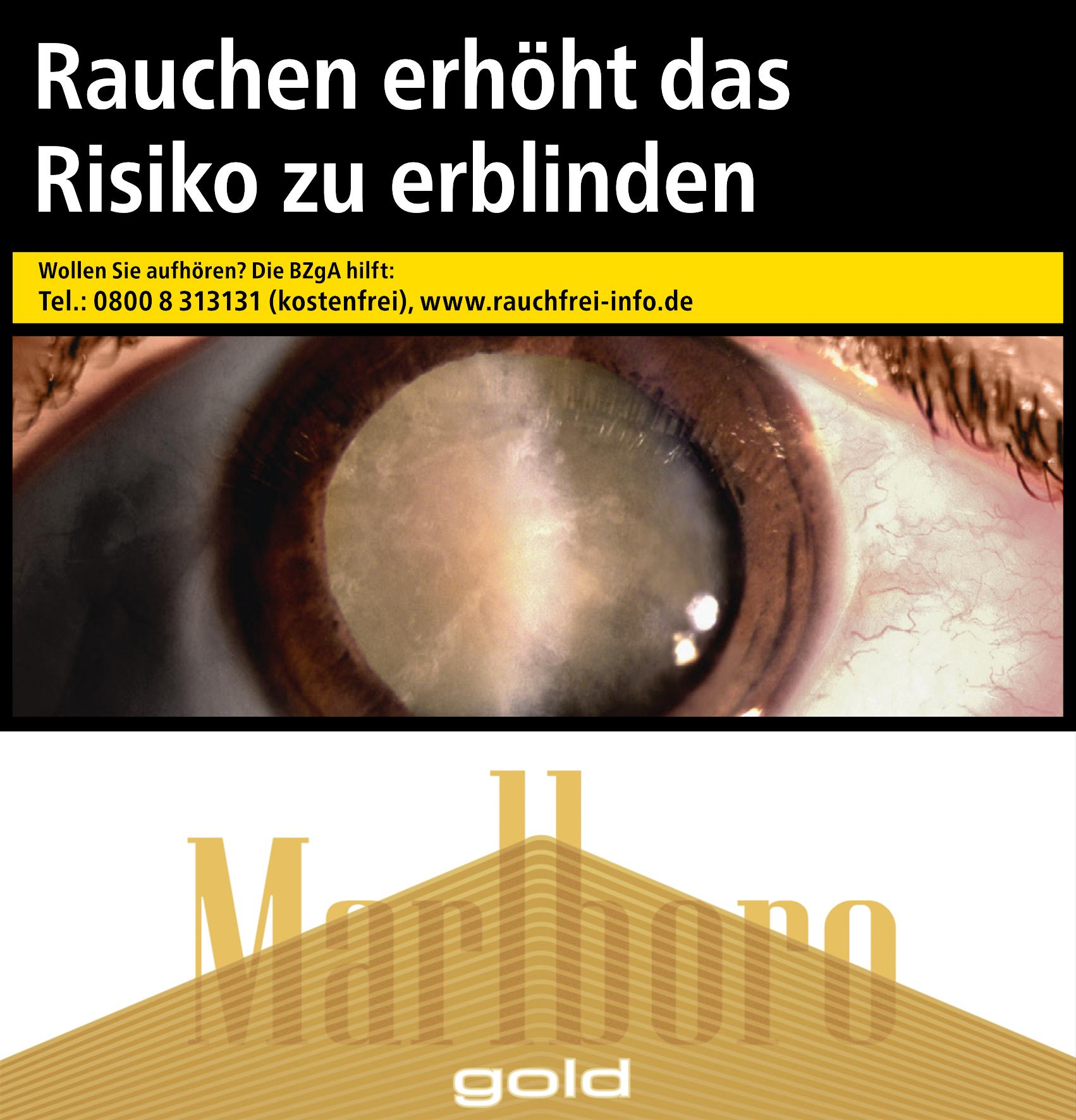 Marlboro Gold 7XL Zigarettenpackung mit 54 Stück, zeigt Nahaufnahme eines menschlichen Auges mit brauner Iris und Hautpartie, Marlboro-Logo rechts unten und deutschsprachigen Warnhinweis zum Rauchen.