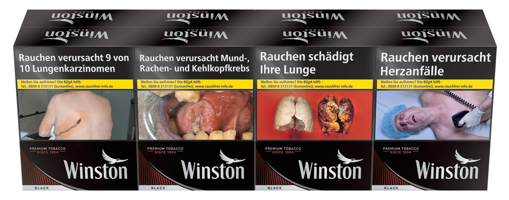 Winston Black Zigaretten XXL als 1 Stange, bestehend aus 8 Packungen mit je 25 Stück, erkennbar an der schwarz-weißen Verpackung.
