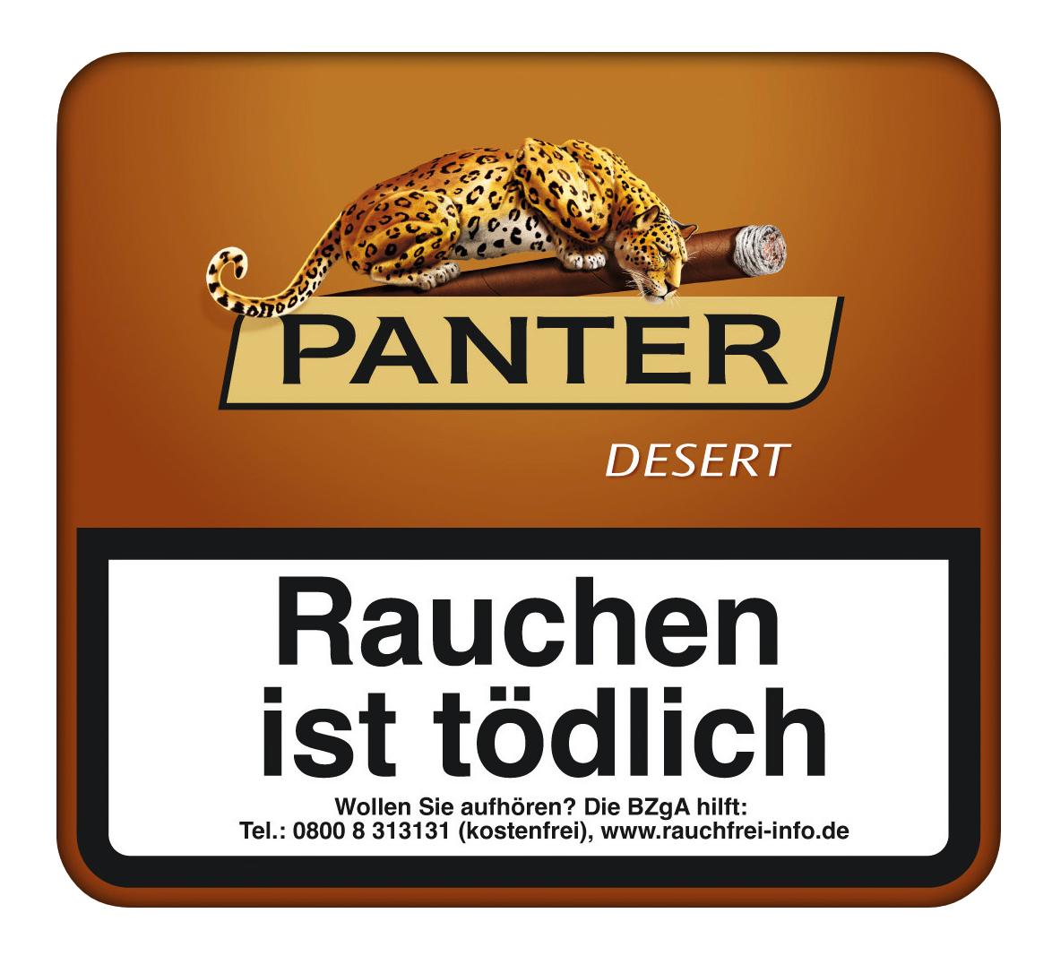 Panter Desert Zigarillos ohne Filter mit Java-Deckblatt, 20 Stück in einer Packung mit gesetzlichem Warnhinweis und Kontaktinformationen.