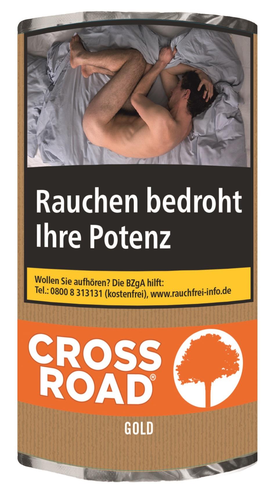 Orange-braunes Gebinde Crossroad Zigarettentabak Gold, enthaltend 5 Pouches á 30 Gramm.