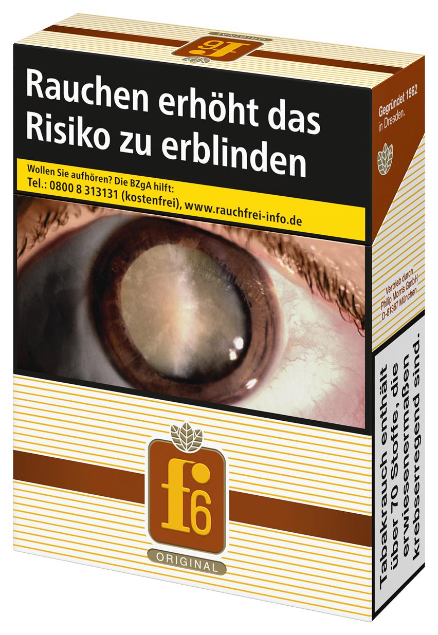 Eine Packung F6 Original XL Zigaretten (22 Stück) in beige/braun mit F6 Logo und großem Gesundheitshinweis.