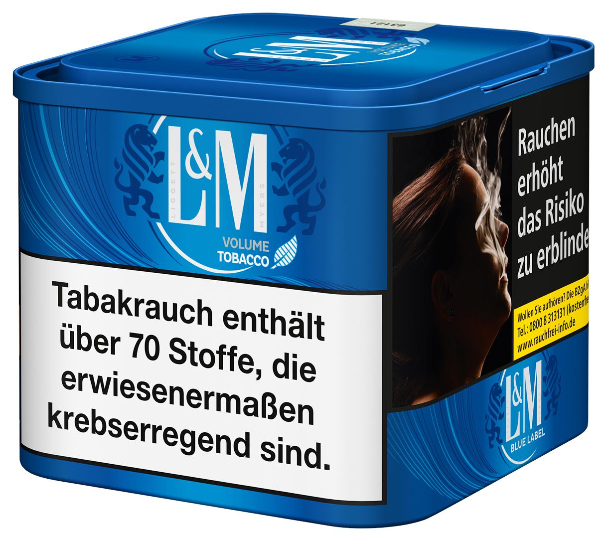 Blaue 40-Gramm-Dose L&M Blue Volumentabak M des Herstellers L&M mit weißem Etikett, auf dem das L&M Logo mit Löwen und der Schriftzug "Volume Tobacco" abgebildet sind.