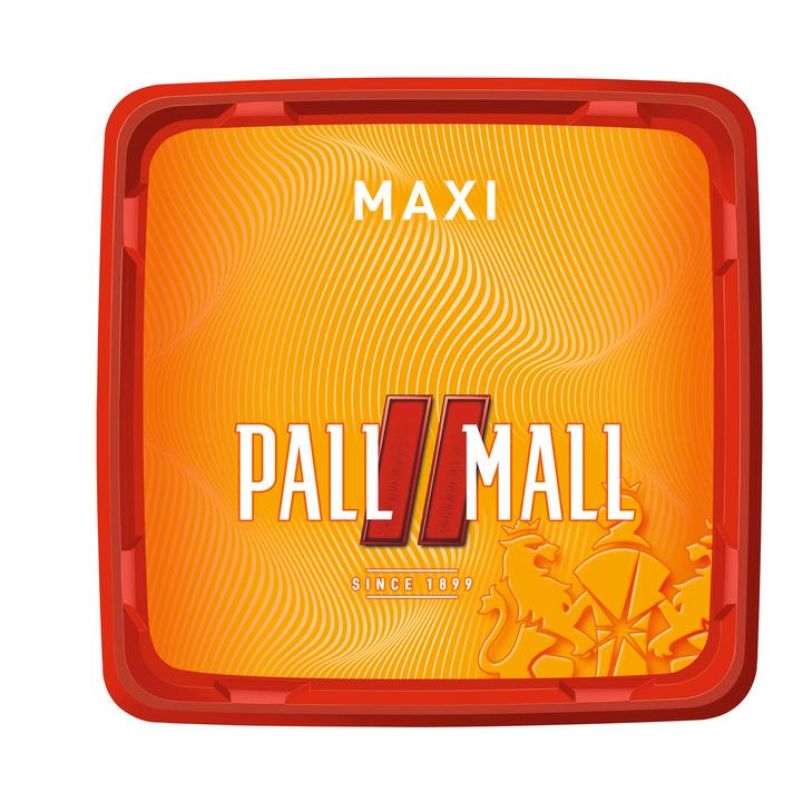 Der rote Pall Mall Allround Zigarettentabak Maxi Eimer mit transparentem Deckel zeigt ein orangefarbenes Label mit "PALL MALL"-Schriftzug und Löwen-Logo. 260 Gramm.