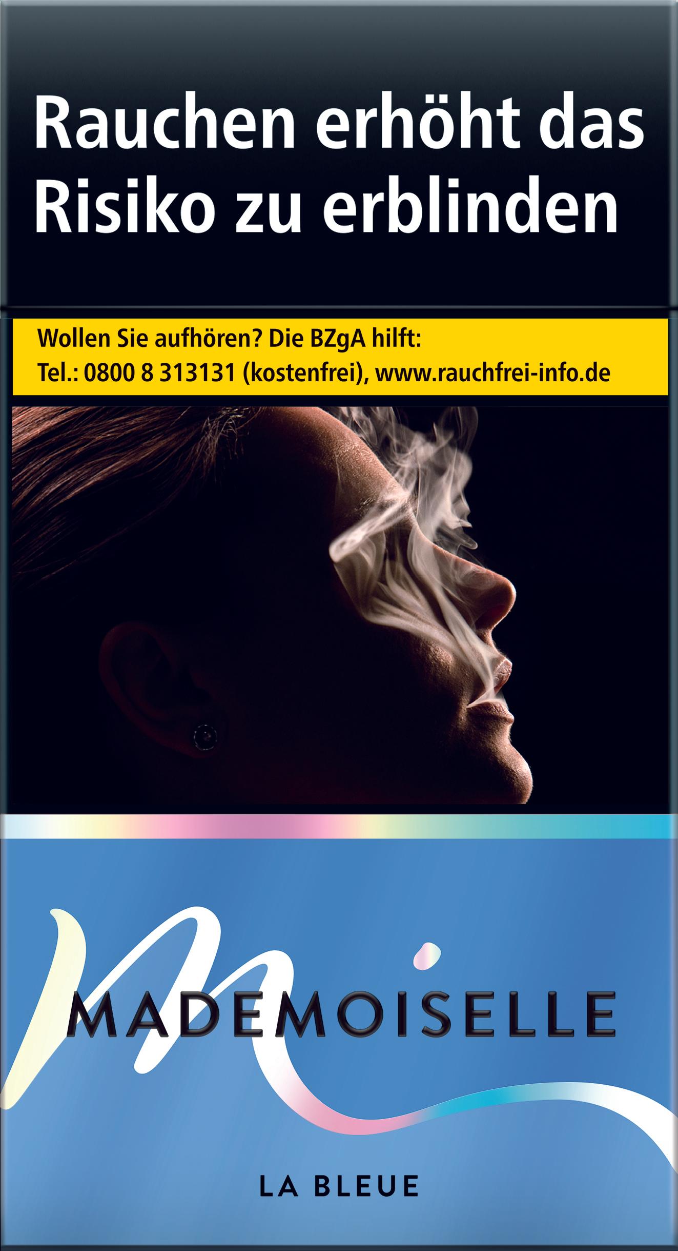 Schwarze Packung Mademoiselle La Bleue Super Slim Zigaretten mit blauen Bändern und prominenter Markenprägung, enthält 20 Stück.