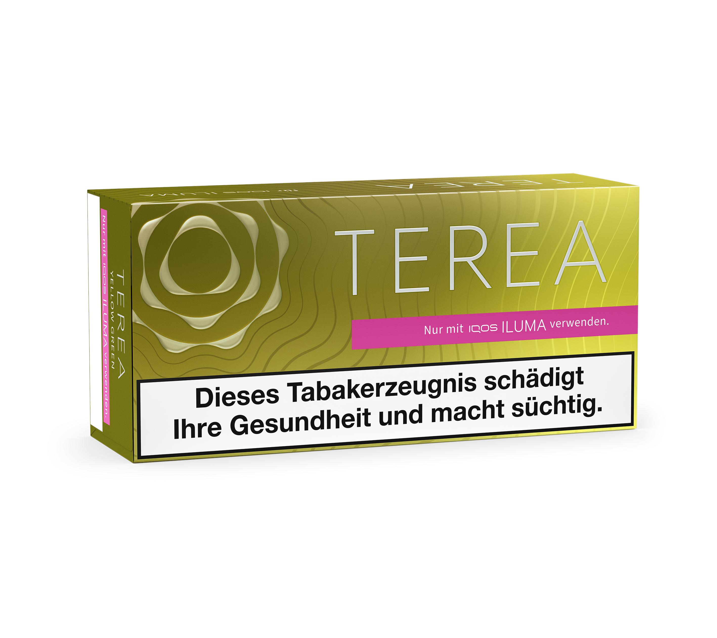 TEREA Yellow Green Tabaksticks für IQOS ILUMA in der Stange mit 10 Packungen zu je 20 Stück, olivgrüne Verpackung mit pinkem Querband.