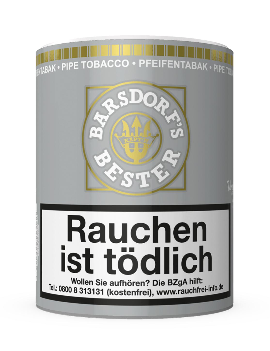 Barsdorf’s Bester Pfeifentabak Bright Virginia in einer grauen 160 Gramm Dose mit goldenem Emblem und aufgedrucktem Warnhinweis.