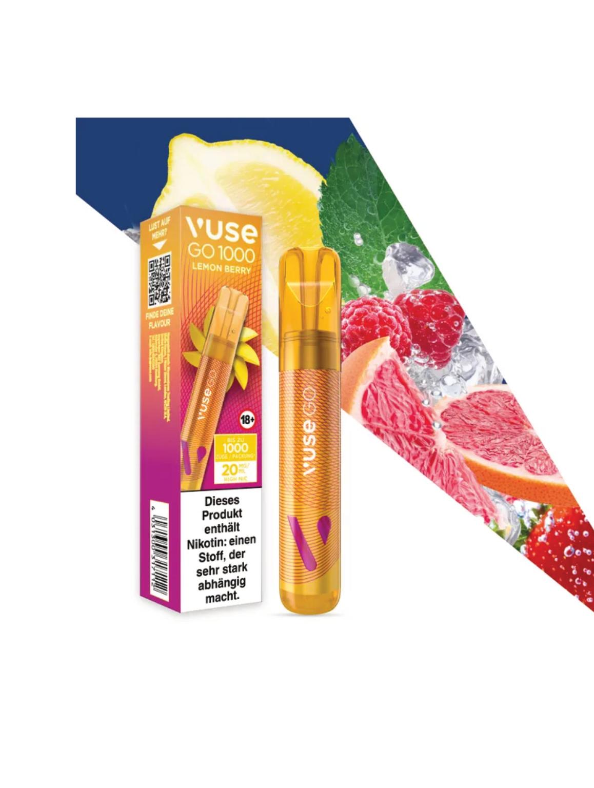Goldfarbene Vuse GO 1000 E-Zigarette mit 20 mg Nikotinsalz, einzeln verpackt inklusive Produktverpackung.