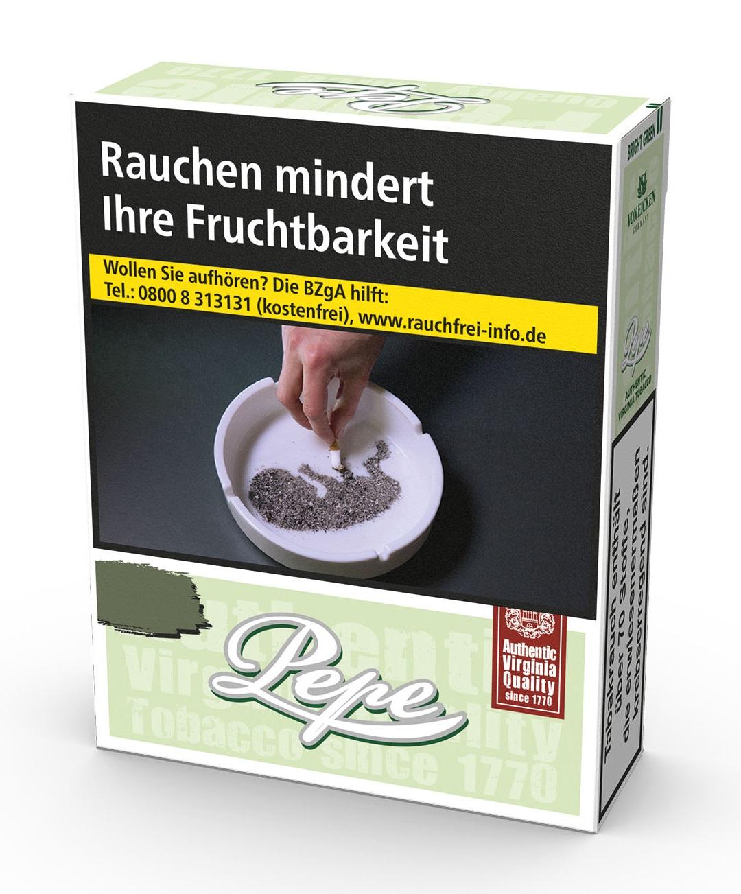Eine Stange Pepe Zigaretten Bright Green XL mit Virginia Tobacco ohne Zusatzstoffe, enthält 8 Packungen á 25 Stück.