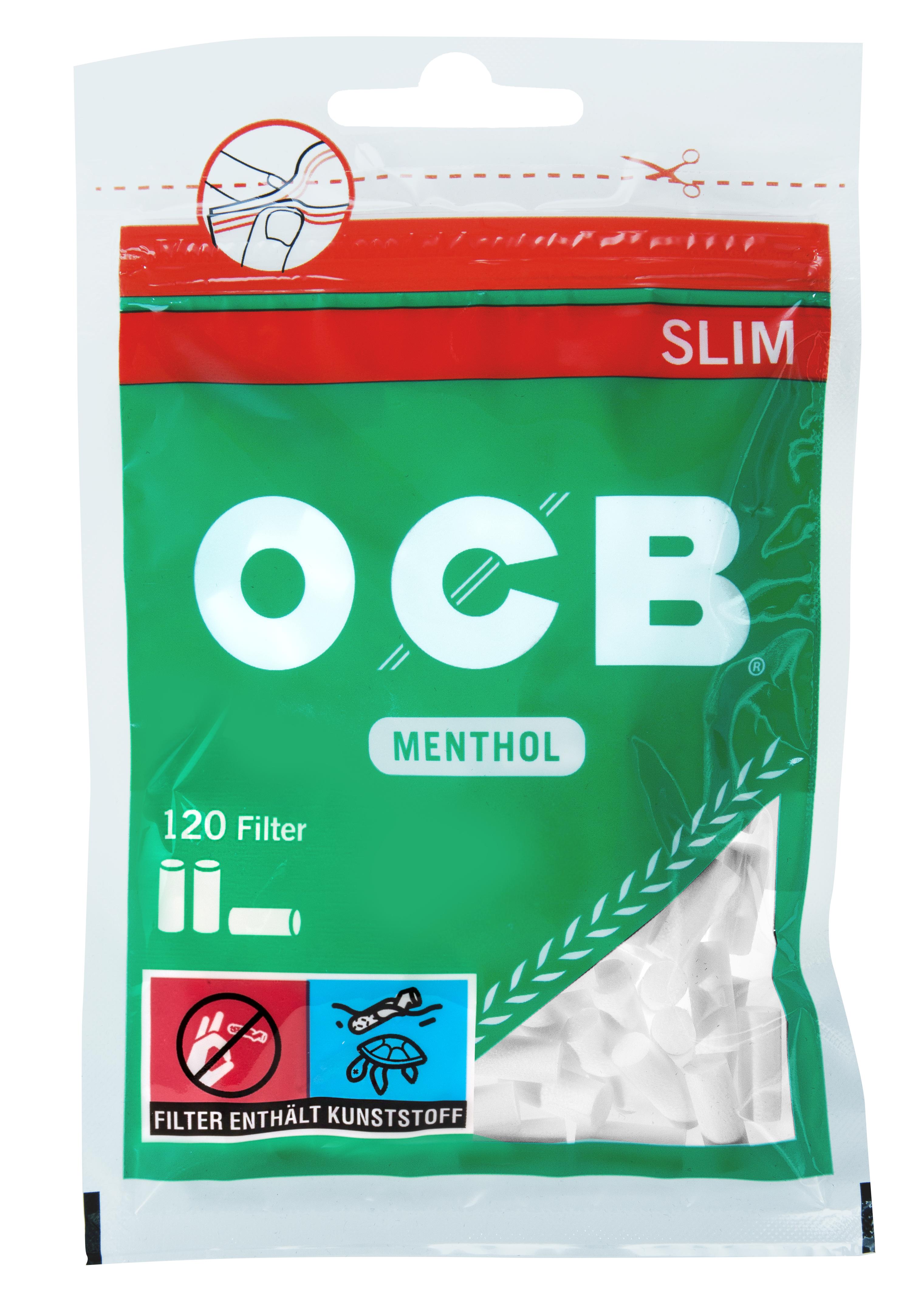 OCB Drehfilter Slim Packung mit grünem Etikett und 120 Stück Inhalt.