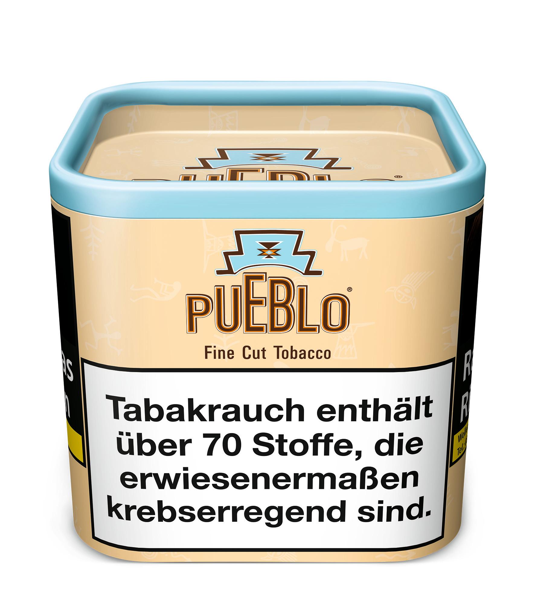 100-Gramm-Dose Pueblo Classic Zigarettentabak: Feiner Virginiatabak ohne Zusatzstoffe, verpackt in einer beigen Dose mit hellblauem Deckel.