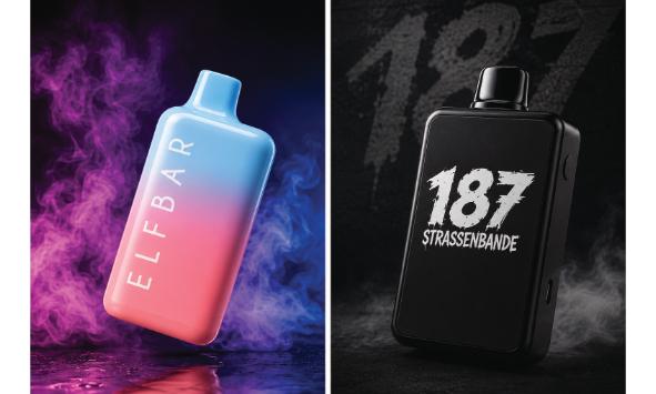 Zwei bunte Bilder von Vapes mit Dampf herum