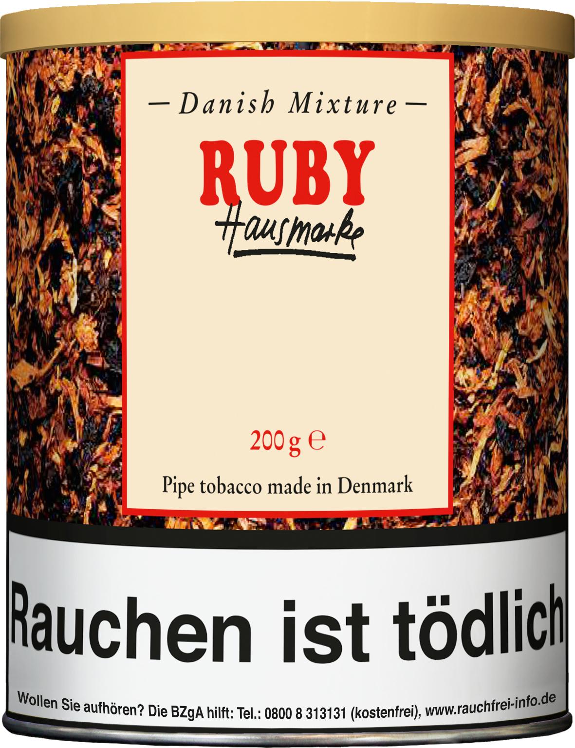 Danish Mixture Pfeifentabak Ruby 1 Dose 200 Gramm Ruby Hausmarker Danish Mixture Pfeifentabak in einer 200 Gramm Dose, weiß mit goldfarbenem Deckel und rotem Etikett.