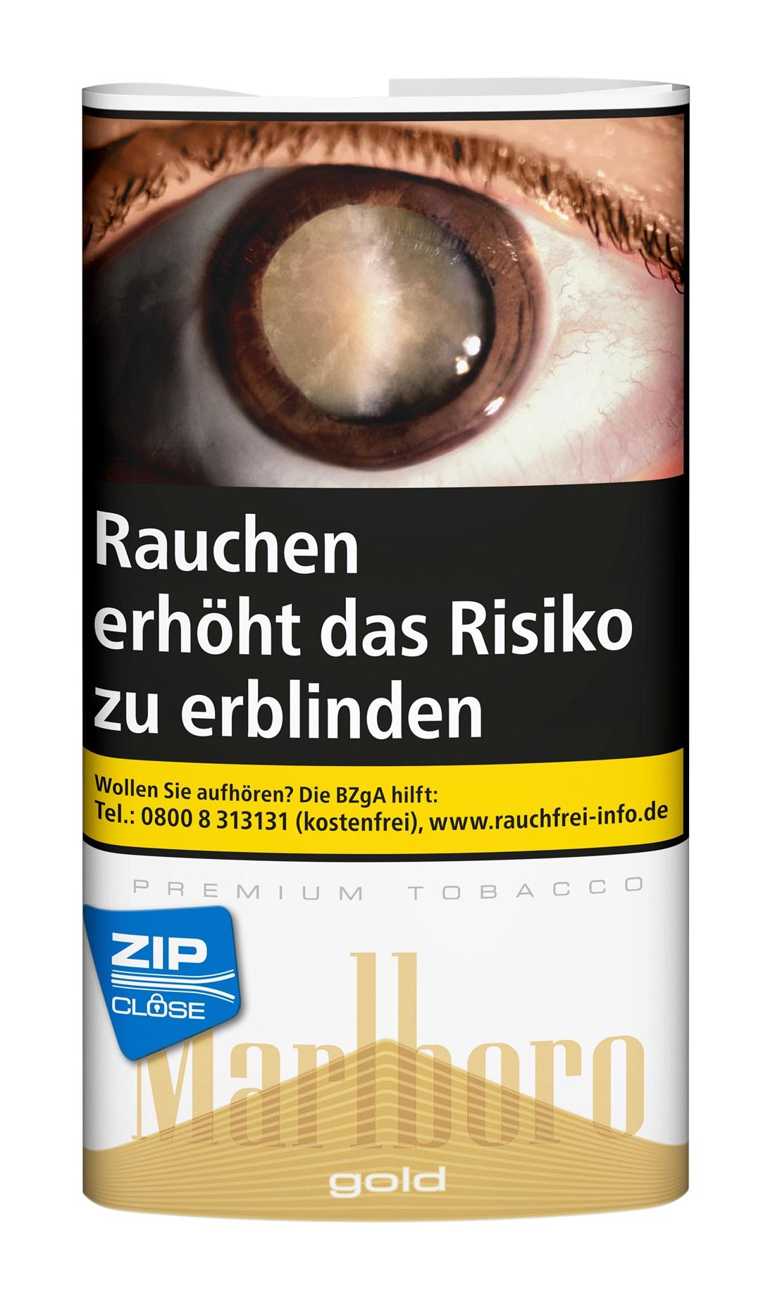 Marlboro Gold Premium Tobacco, 1 Gebinde mit 5 Pouches à 30 Gramm. Die weiße Packung zeigt das goldene Marlboro-Logo und einen schwarzen Warnhinweis mit einem Augenmotiv und dem Text "Rauchen erhöht das Risiko zu erblinden" sowie Kontaktdaten zur Raucherb