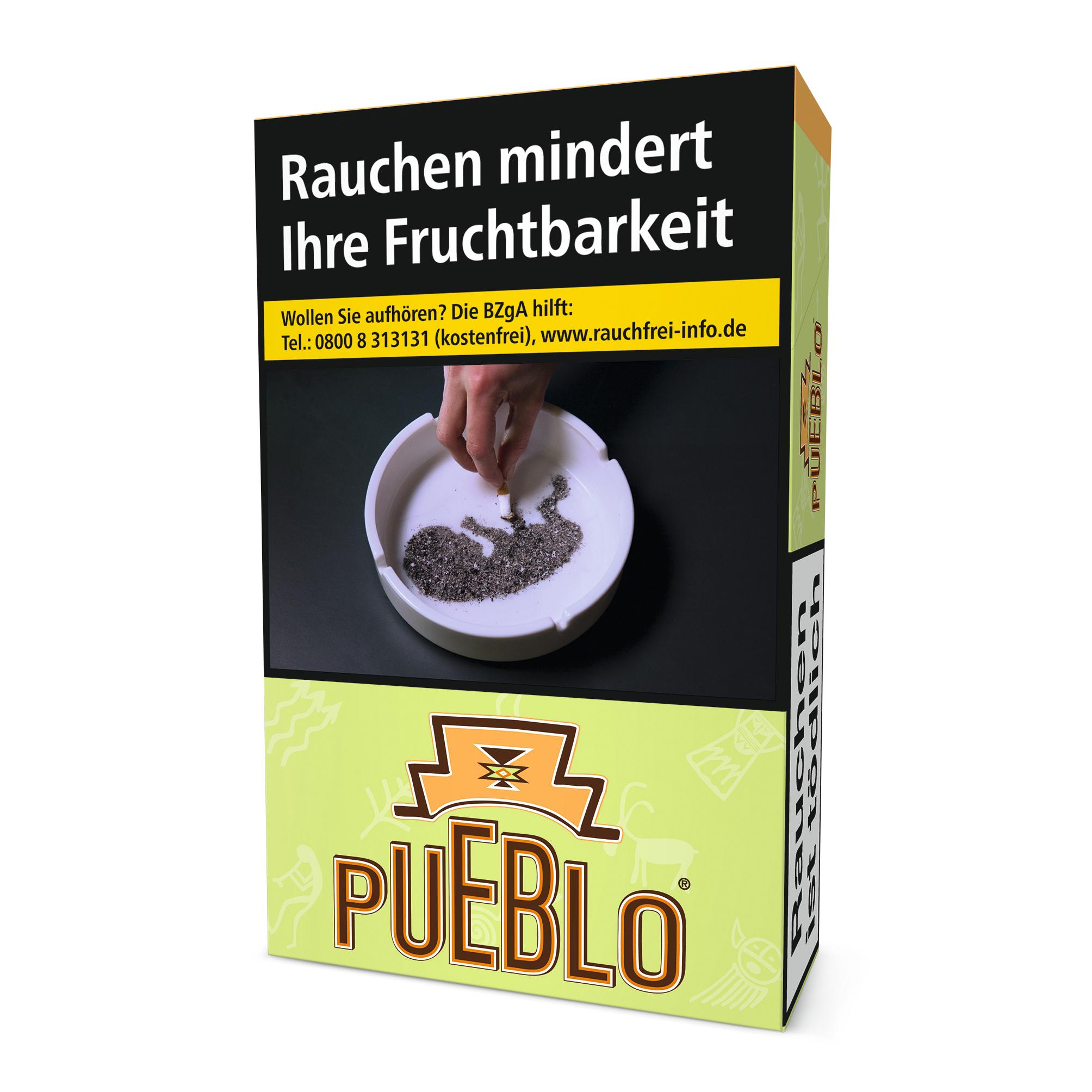 Pueblo Green Zigaretten in einer schwarzen Packung mit limettengrünem Etikett und dem Pueblo Logo, Inhalt 20 Stück.