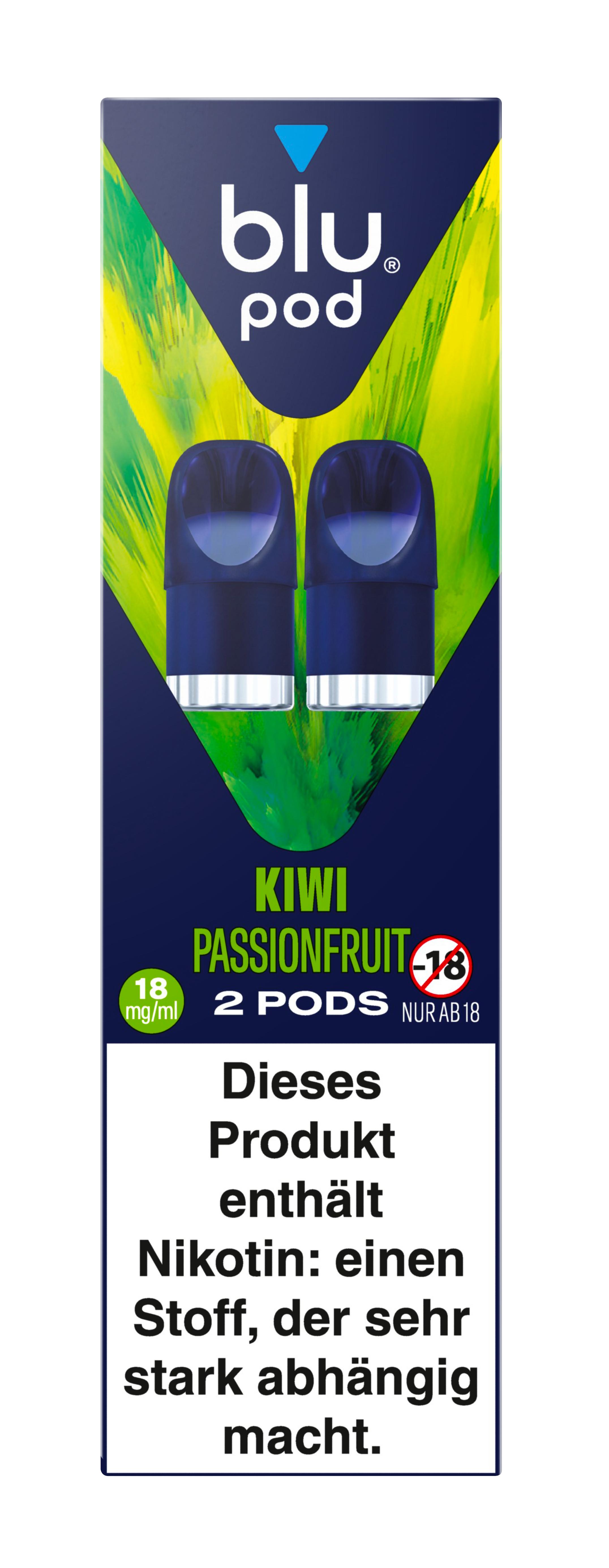 Blu Pods mit 18 mg/ml Nikotingehalt in einer Packung mit 2 Stück, inklusive Warnhinweis zur Abhängigkeit von Nikotin und Altersbeschränkung ab 18 Jahren.