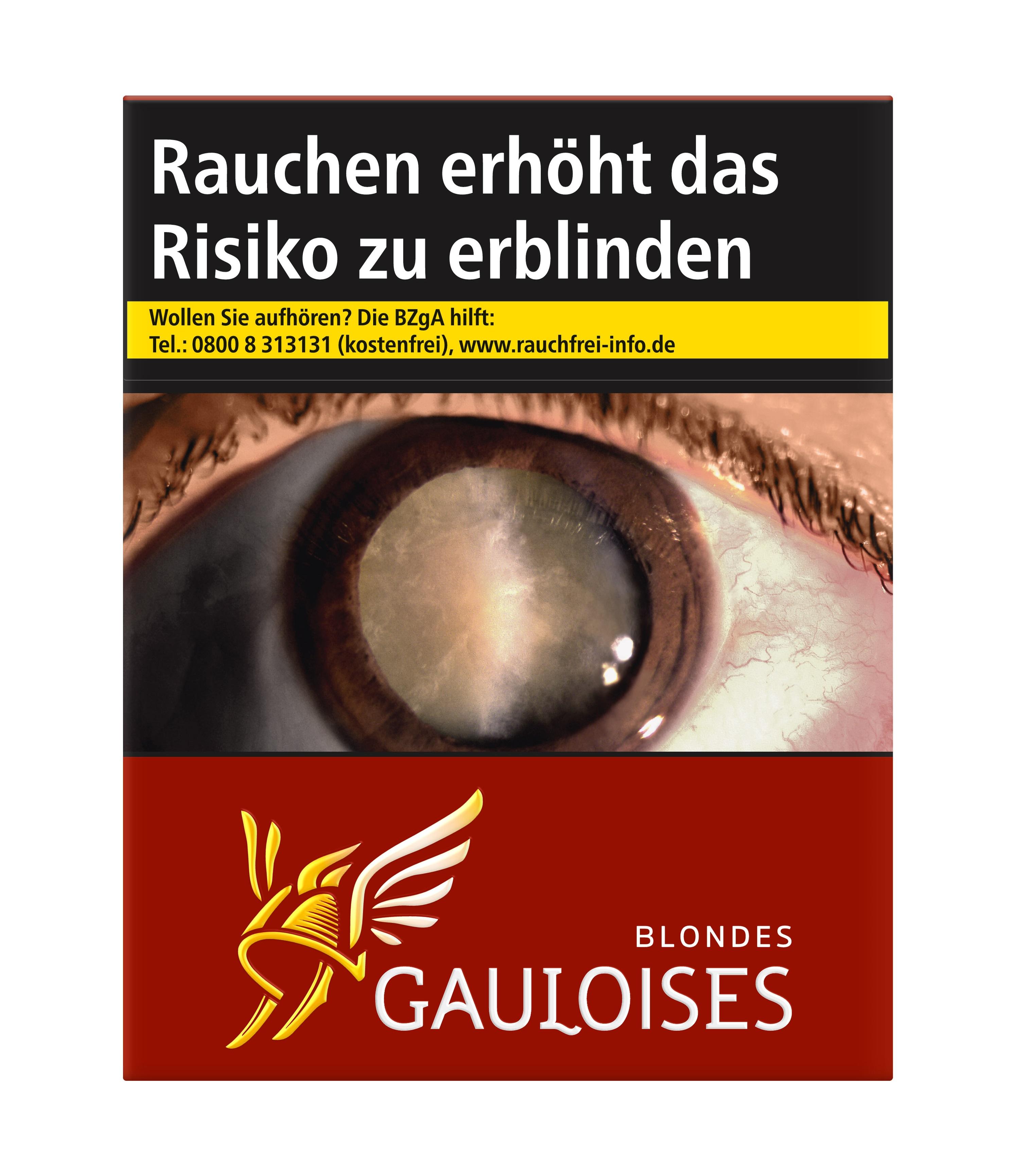 Schwarze und gelbe Gauloises Blondes Rot Zigarettenpackung mit rotem Akzent, die ein menschliches Auge, das Gauloises Logo und deutschen Text aufweist. Verpackungseinheit: Einzelpackung, 38 Stück.
