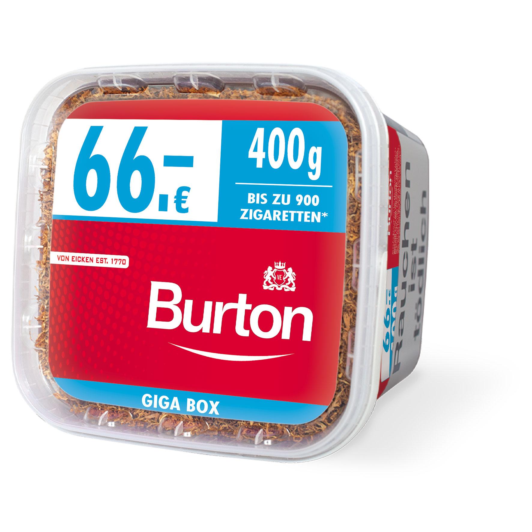 Rote und blaue 400-Gramm-Giga-Box-Verpackungseinheit Burton Volumentabak Red zum Preis von 66 Euro. Der rote Volumentabak der Marke Burton besteht aus einer Burley- und Virginia-Tabakmischung.
