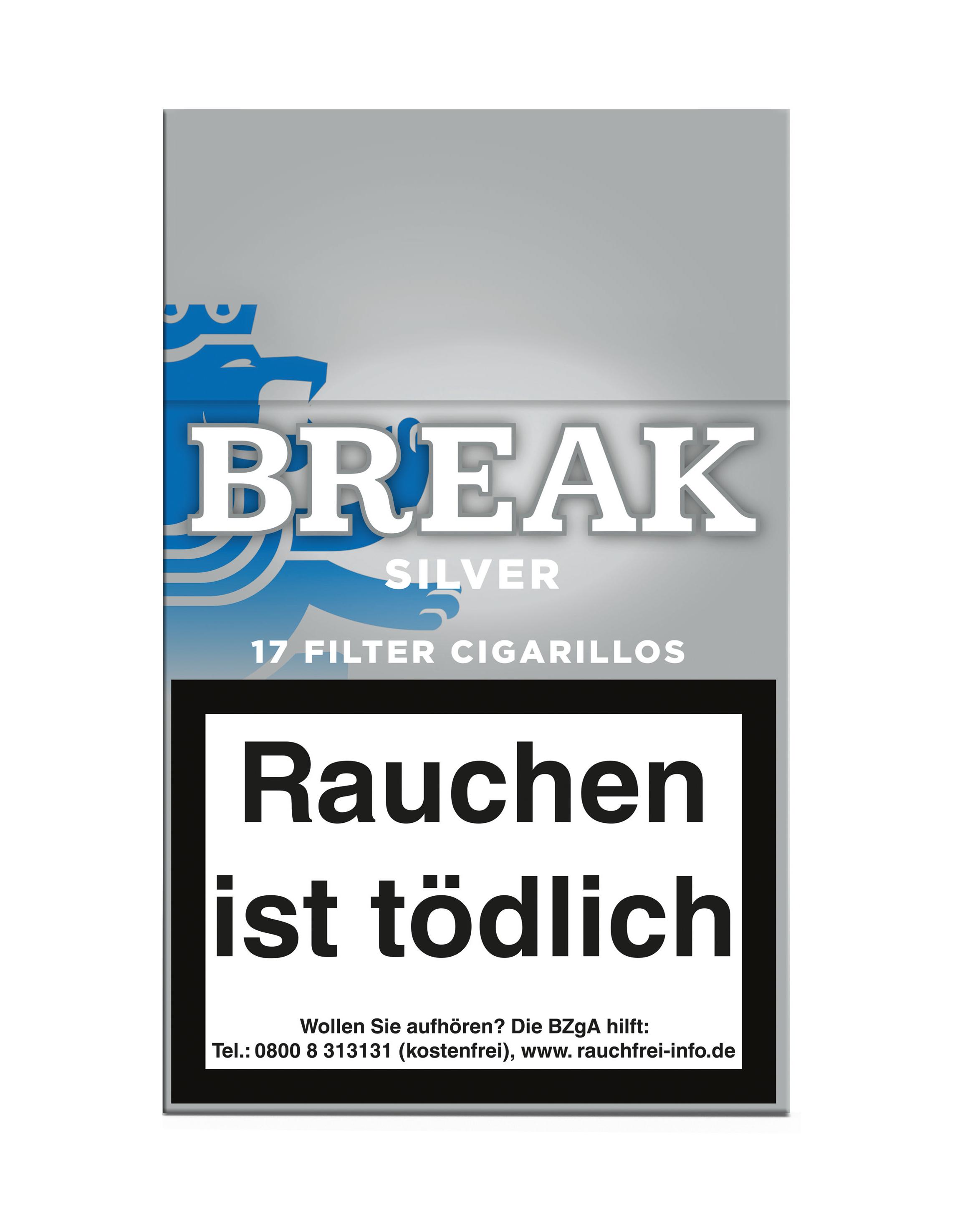Packung Break Silver Filter Zigarillos (17 Stück) in Grau mit blauem Löwen-Emblem.