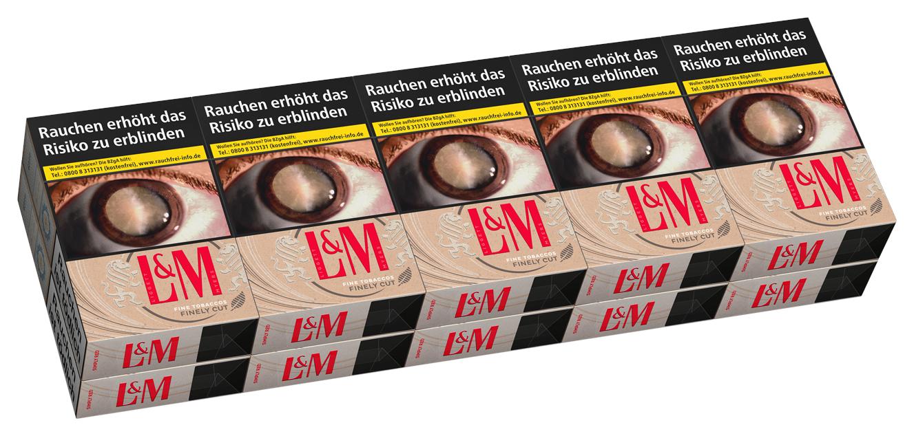 L&M Simply Red Zigaretten, 1 Stange bestehend aus 10 Packungen á 20 Stück, in der typischen roten und beigen Verpackung.