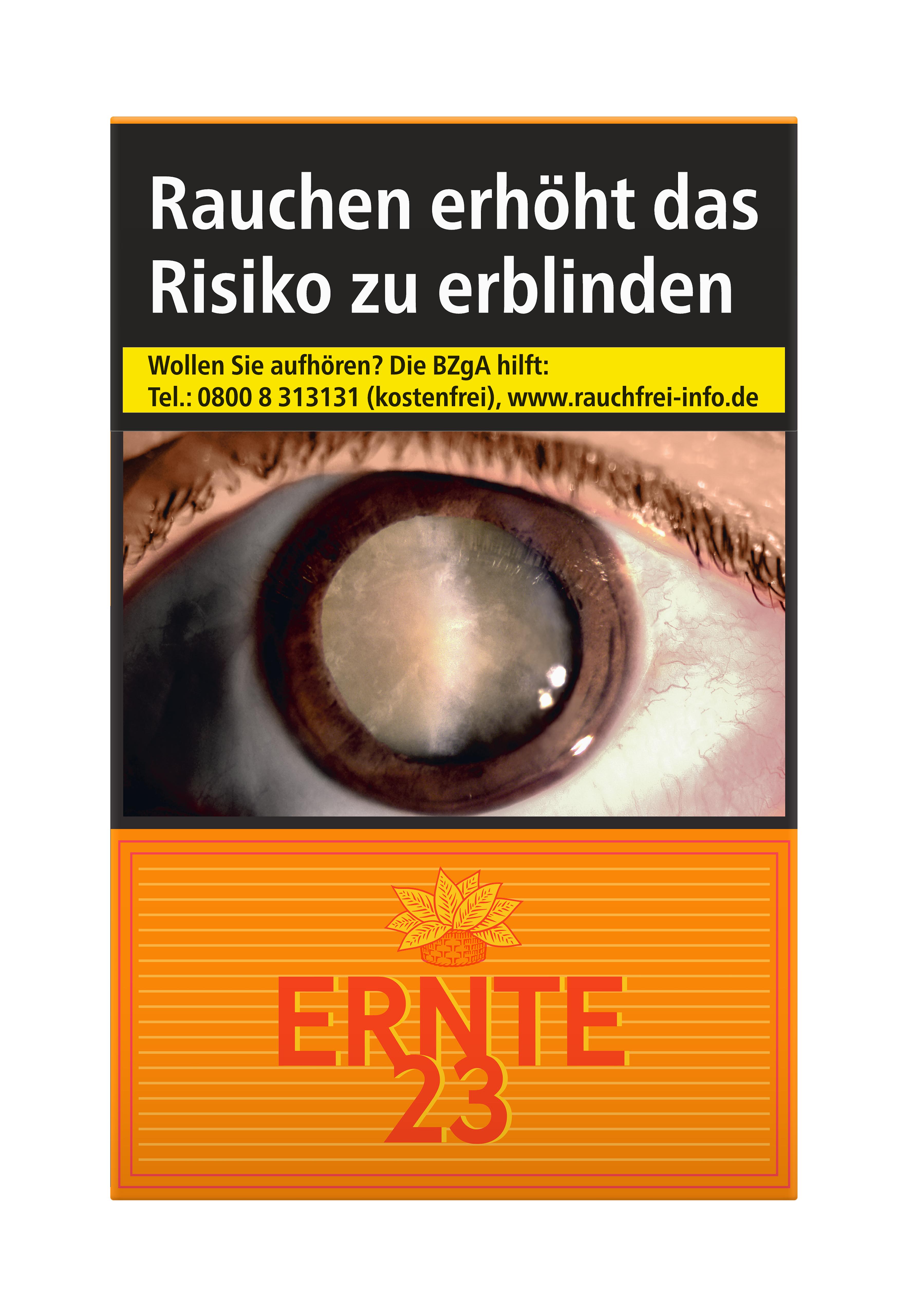 Eine Stange Ernte 23 Zigaretten (10x20 Stück) in der charakteristischen orange-schwarzen Packung mit rotem Logo, Warnhinweis und Auge.