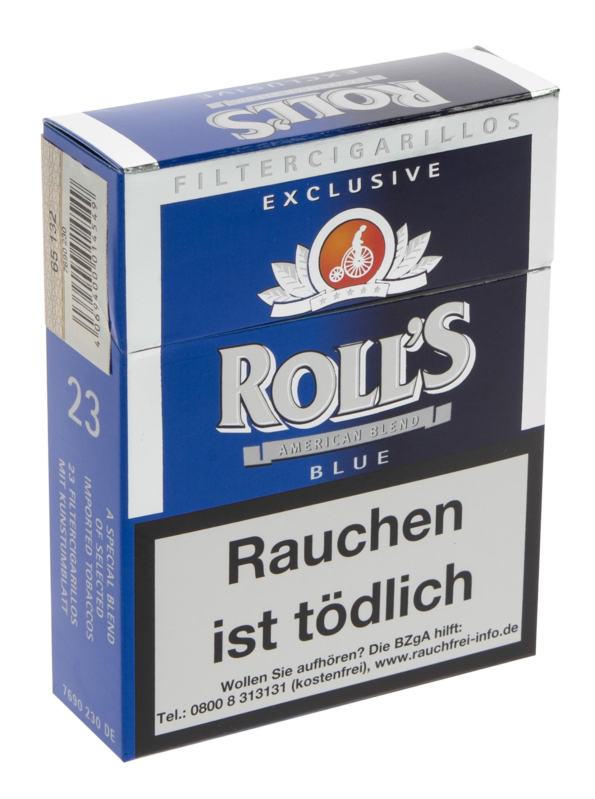 Roll's Exclusive Blue Filterzigarillos mit American Blend Mischung und Naturdeckblatt, Packung mit 23 Stück inklusive gesetzlicher Warnhinweise.