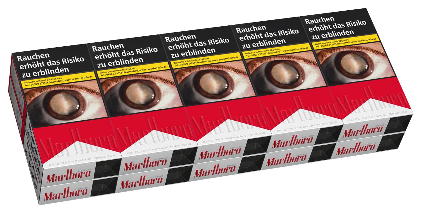 Eine Stange Marlboro Red Long Zigaretten, bestehend aus zehn Packungen im bekannten rot-weißen Design der Marke Marlboro.