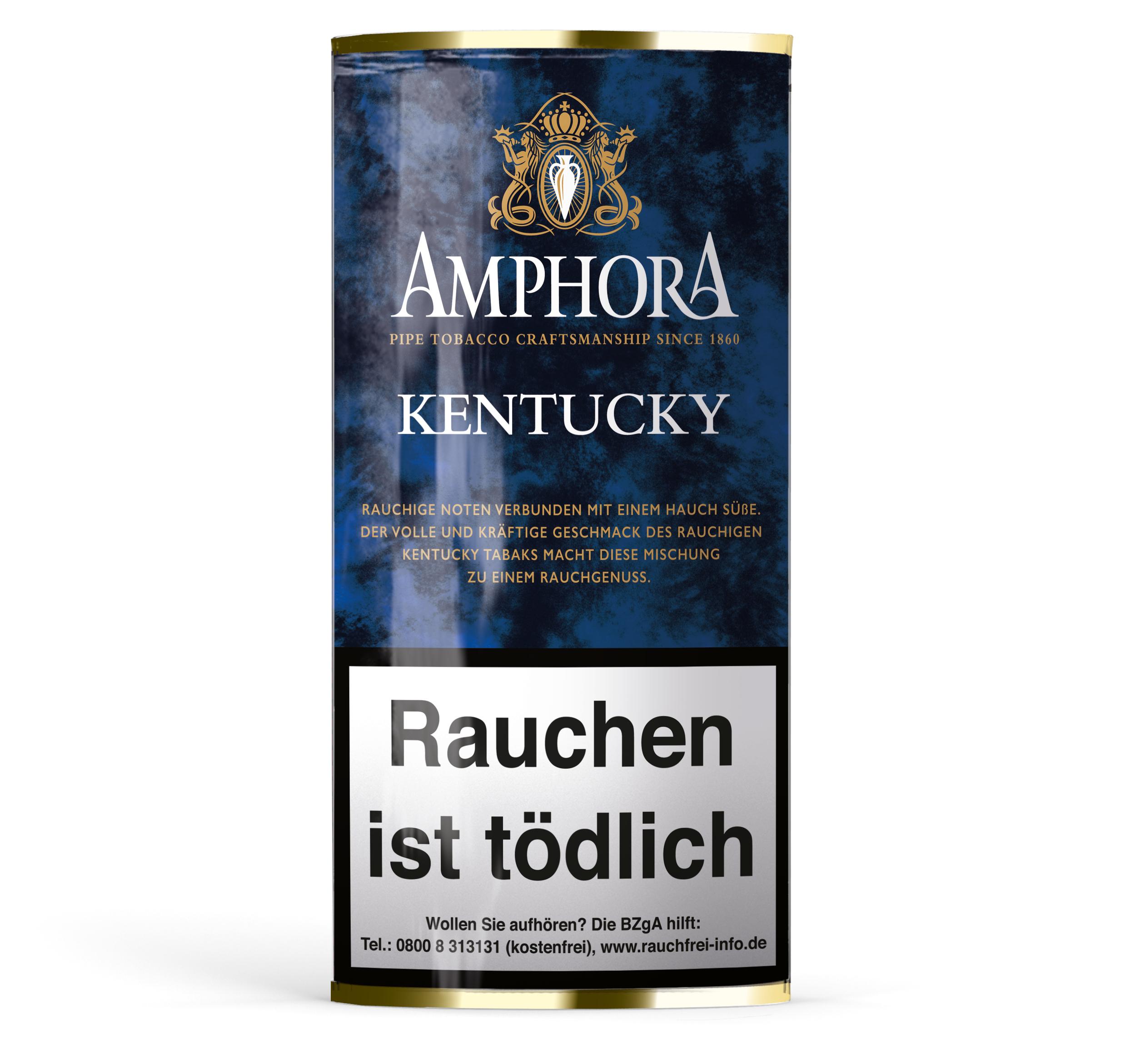 Amphora Kentucky Pfeifentabak in einer blau-goldenen Pouch (50g) mit Amphora Logo und Kentucky-Schriftzug, als Mischung aus Virginia- und Kentucky-Tabaken.