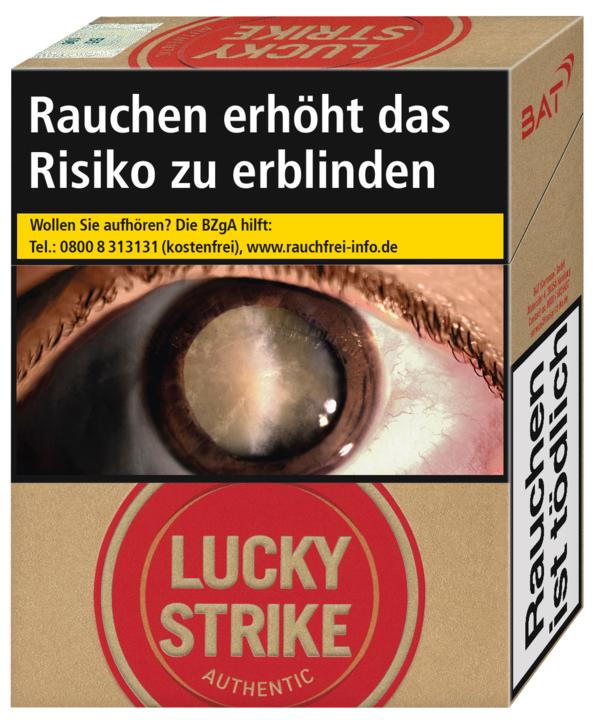 Lucky Strike Authentic Red Xtra Zigaretten, 35 Stück Packung mit dem markanten roten Rundlogo, inklusive vorgeschriebener Warnhinweise.