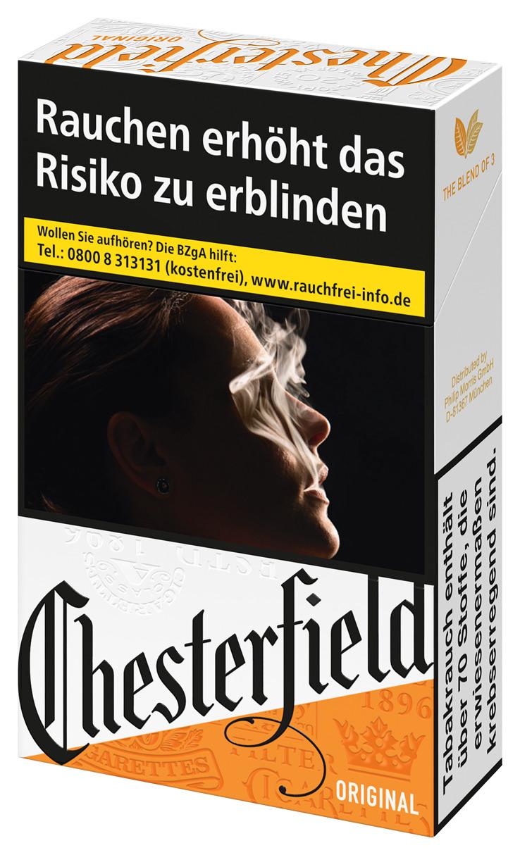 Chesterfield Original Zigarettenpackung mit weiß-orangem Design, Herstellerhinweis und Warnhinweisen, Verpackungseinheit 20 Stück.