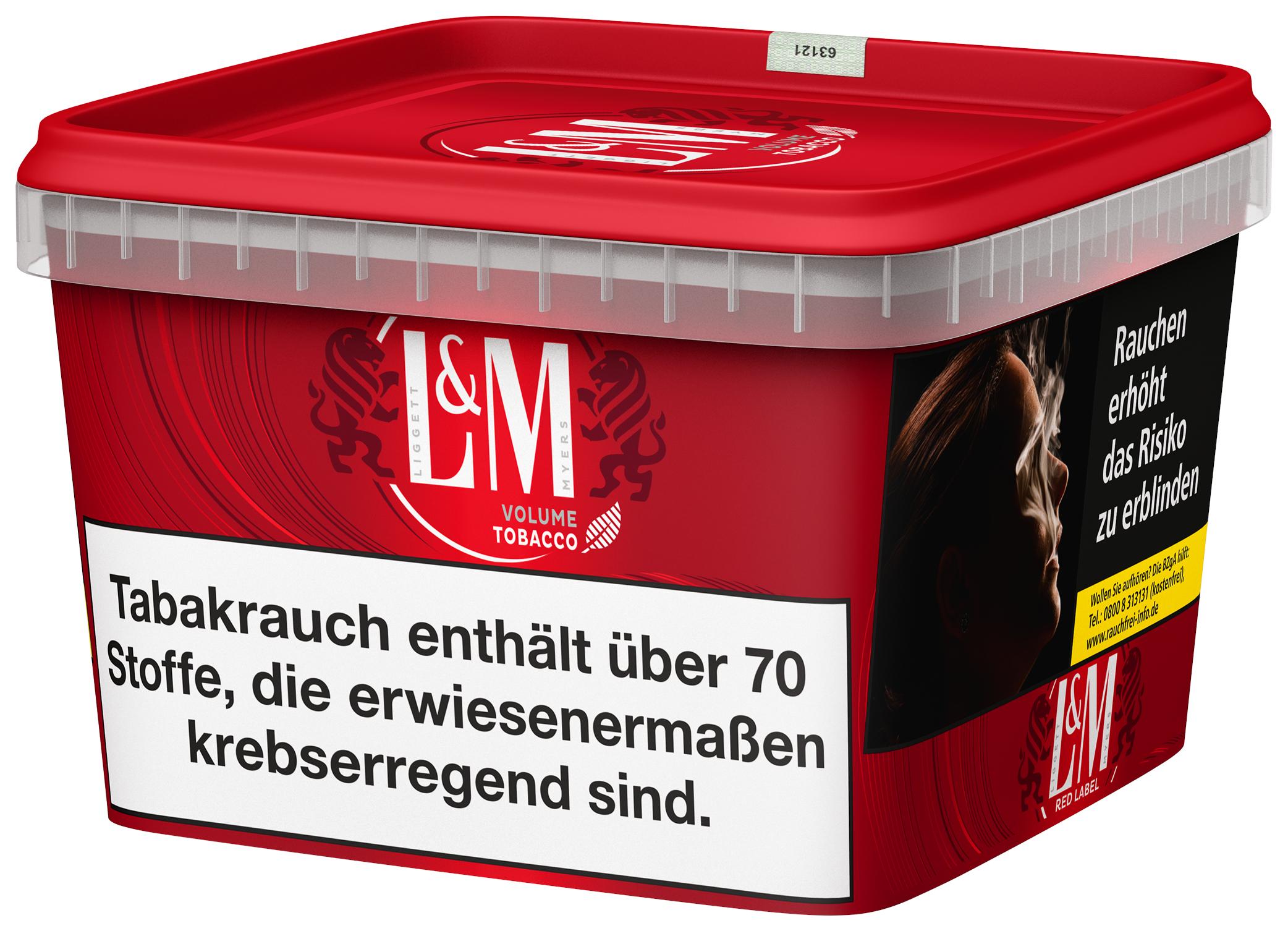 L&M Red Volumentabak Superbox im roten Eimer, 195 Gramm Packungseinheit, mit weißem Etikett, schwarzer Schrift und rotem L&M Logo mit Löwenkopf.