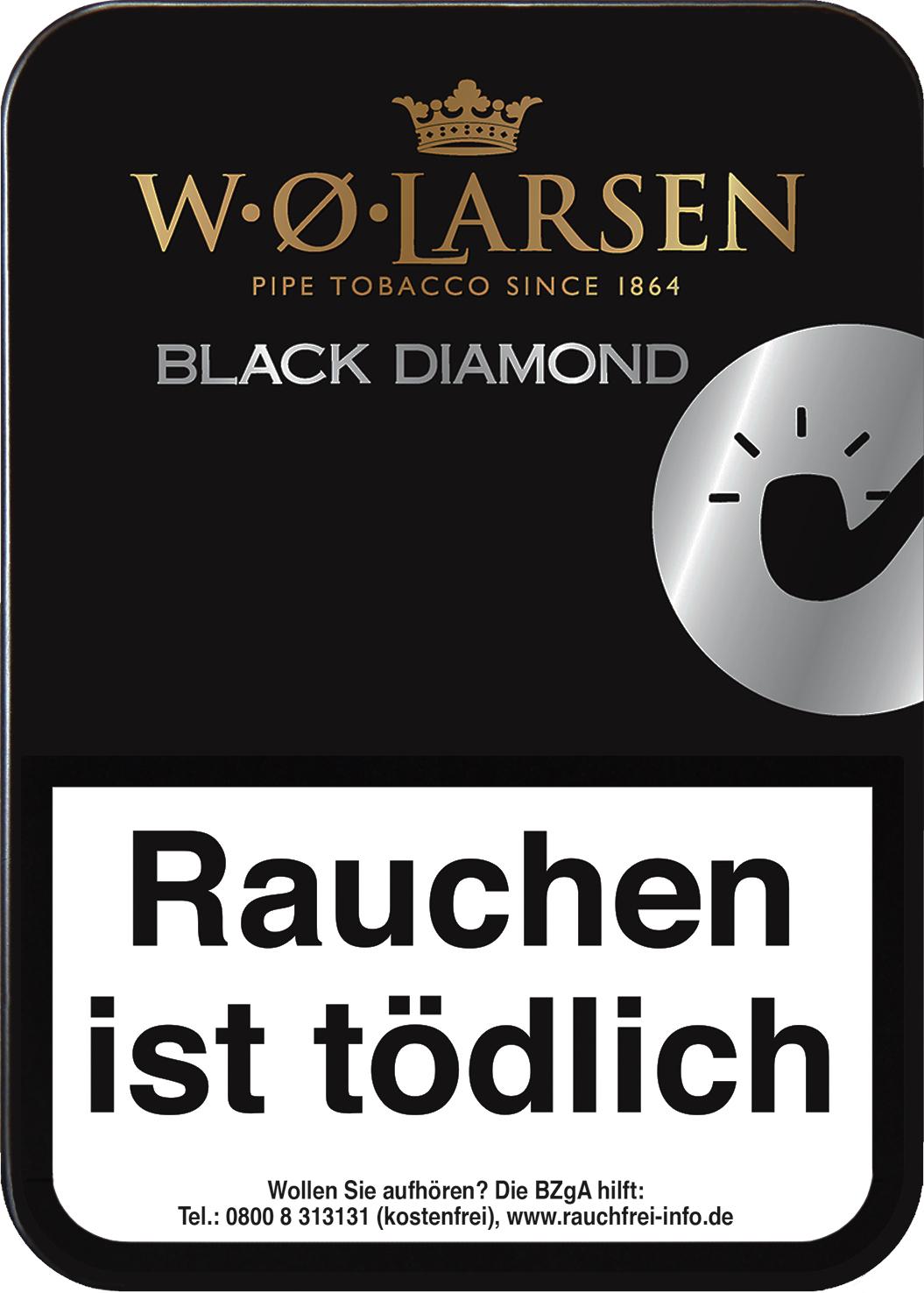 W.O. Larsen Black Diamond Pfeifentabak in der 100 Gramm Dose, bestehend aus einer Mischung von Burley, Virginia, Orienttabaken und Black Cavendish.