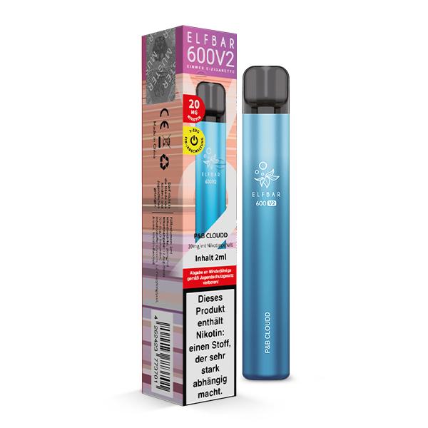 Elfbar 600 V2 Einweg E-Zigarette von Elf Bar, blaues Gerät neben pink/weißer Packung, 1 Stück.