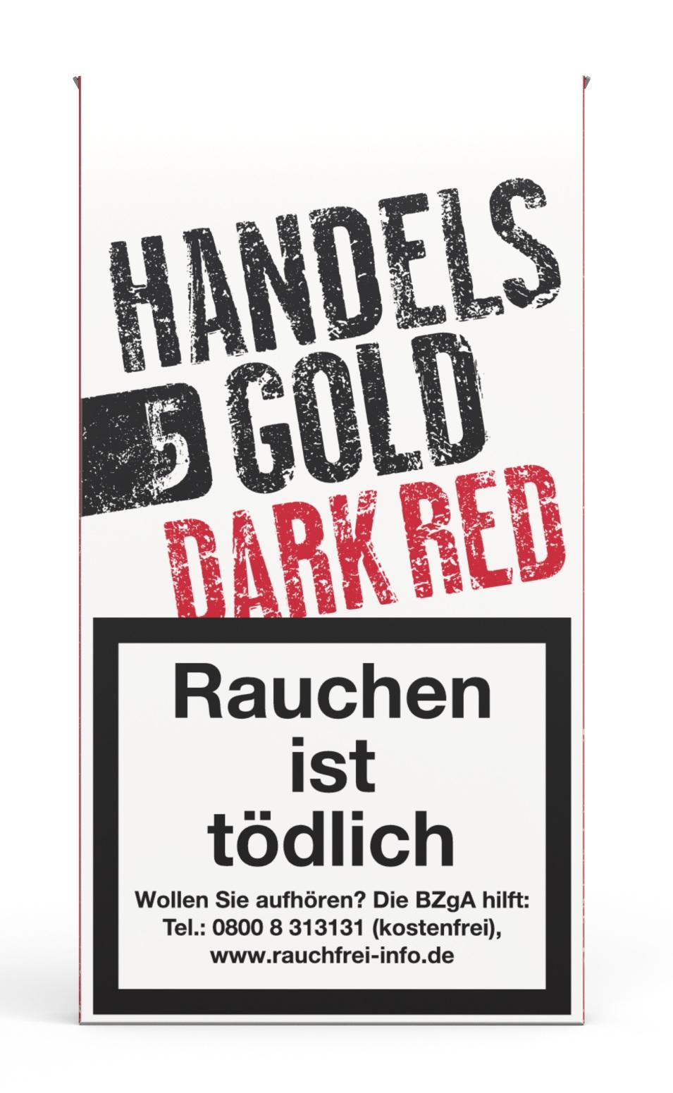 Schachtel Handelsgold 213 Dark Red Zigarillos mit rot-schwarzem Design, Kirsche-Aroma und dem Warnhinweis, 10 Packungen à 5 Stück.