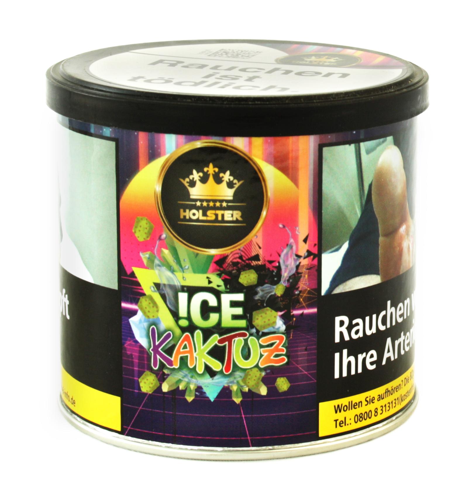 Holster Ice Kaktuz Shisha Tabak in der 200 Gramm Dose mit schwarzem Deckel und markantem Labeldesign inklusive Warnhinweisen.